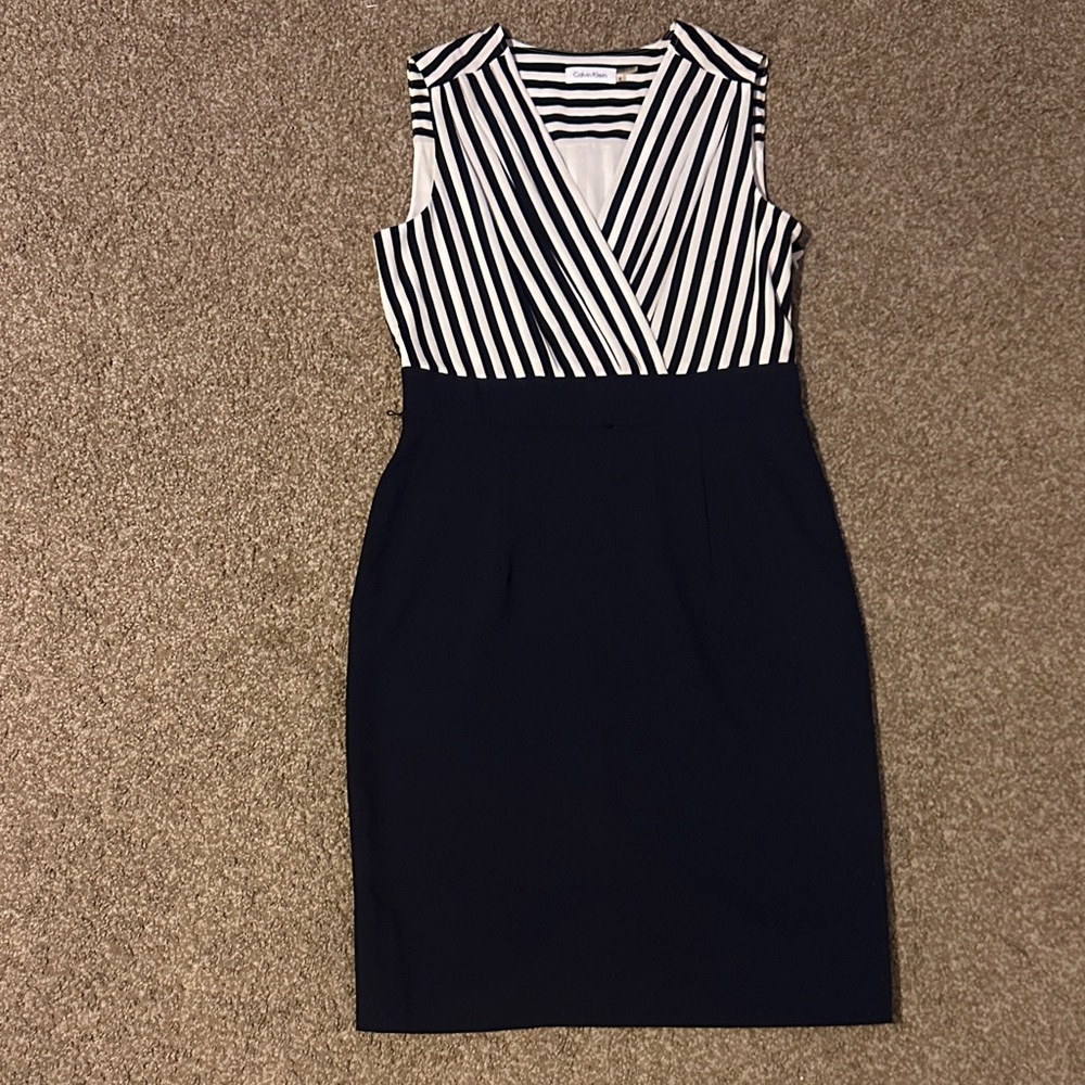 Calvin Klein Black and White Striped Midi Dress